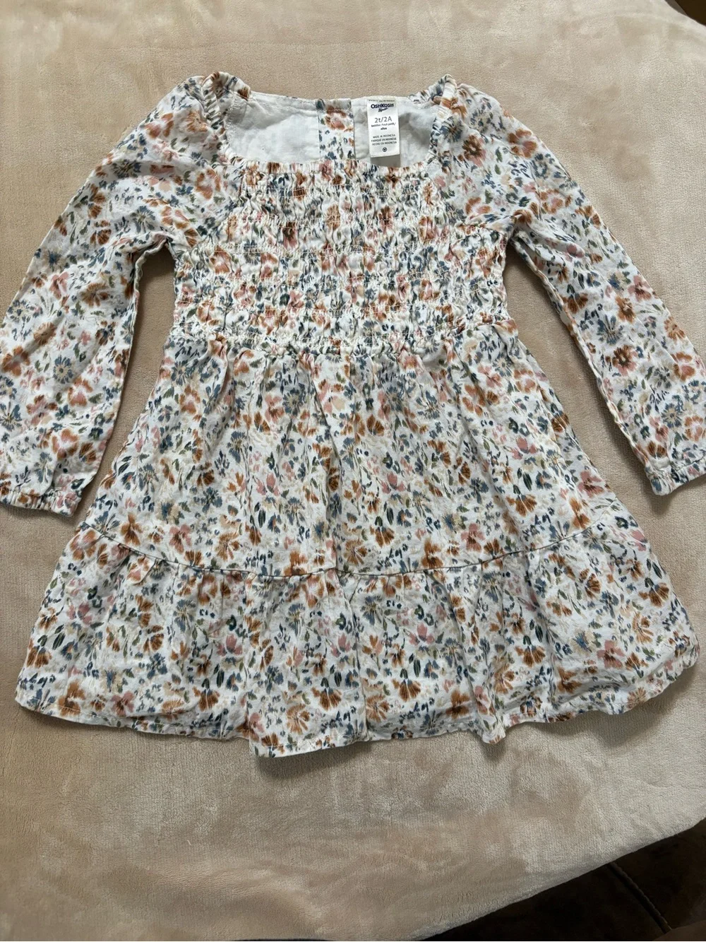 OshKosh B'gosh Cream Floral Smocked Long Sleeve Dress with Pink and Rust Accents